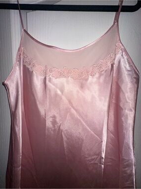 Soft Pink Long Satin Slip Dress with Floral Lace Trim